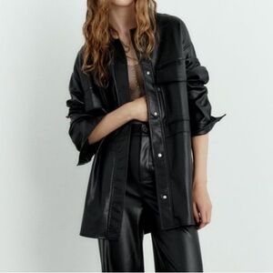 Zara Faux Leather Overshirt Women’s Small Black Oversized Collared Shacket